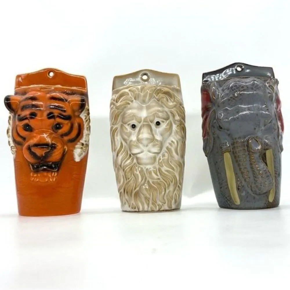 Safari Animals Tiger, Lion and Elephant Head Wall Pocket Vases